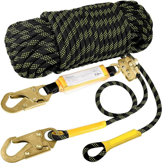 TRSMIMA Rope Harness Safety Lanyard：150ft Vertical Roofing Rope with Grab Snap Hooks Shock Absorber - Fall Protection Tree Climbing Line Kit Heavy Duty Roof Safety Equipment ANSI CE