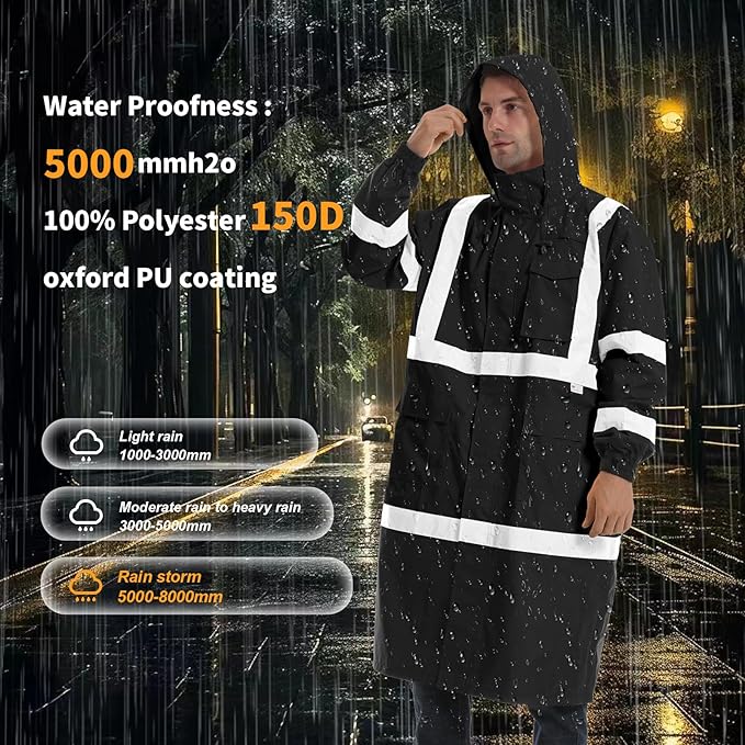 Hi Vis Rain Jacket, Men's Workwear, Class 3, Black, 4XL