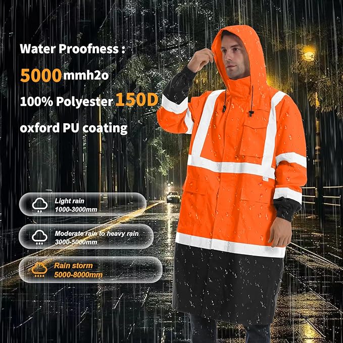 Hi Vis Rain Jacket with 3M Reflective Stripe,High Visibility Class 3 Rain coats,Safety Waterproof Rain Suits for Men with Hood and 2 Large Pockets construction work rain gear(Orange 5XL)