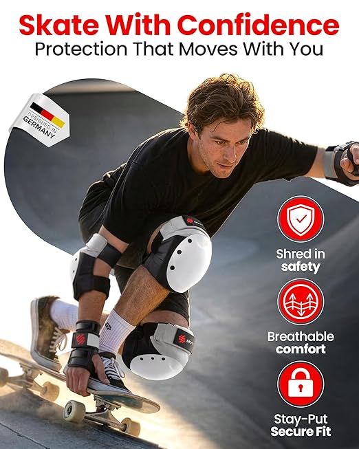 SKATEWIZ Bike Knee Pads - Skateboard Safety Gear - Shield - Size M/L Grey White - Skate & Skateboarding Wrist Guards for Skating Adult with Elbow Pads - Roller Skates, Inline Skates