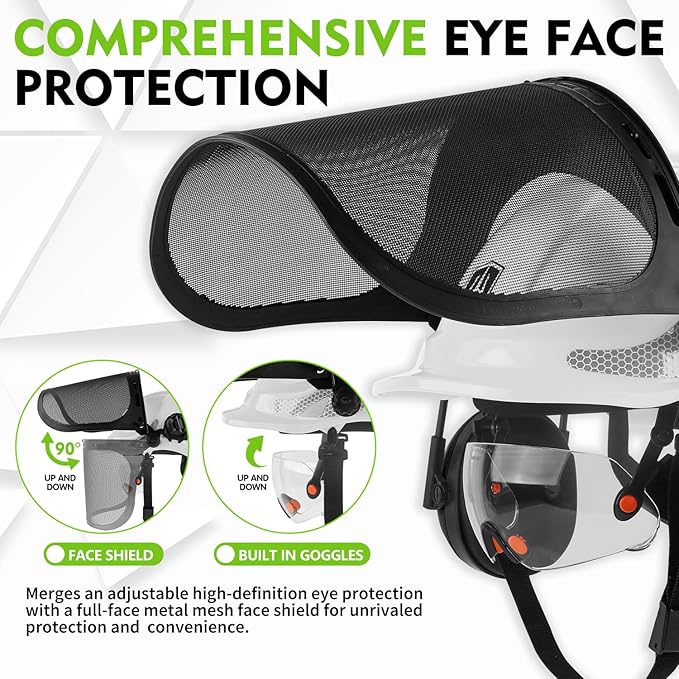 GREEN DEVIL Chainsaw Safety Protective Helmet Forestry Helmet with Build-in Visor Mesh Face Shield Ear Muffs 4 in 1 Ideal for Arborist Tree Work DIY Outdoor Logging Hard hat