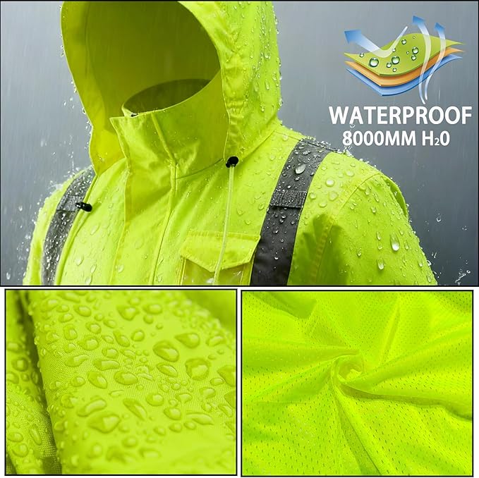 Hi Vis Class 3 Safety Rain Jacket for Men Waterproof, Reflective High Visibility Rain Gear Construction Rain Suit (Yellow-Black 2XL/3XL)