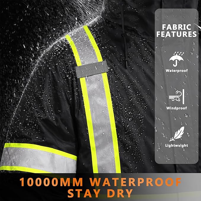 FATONE Hi Vis Rain Jacket for Men Lightweight Reflective Safety Rain Gear Waterproof with Hood, Class 3 Work Raincoat ANSI/ISEA Tested Black S/M