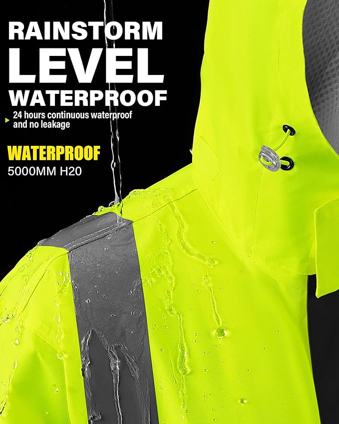 iCreek Reflective High Visibility Safety Jacket,Safety Rain Jacket with Hood,Lightweight Workwear for Outdoor Construction