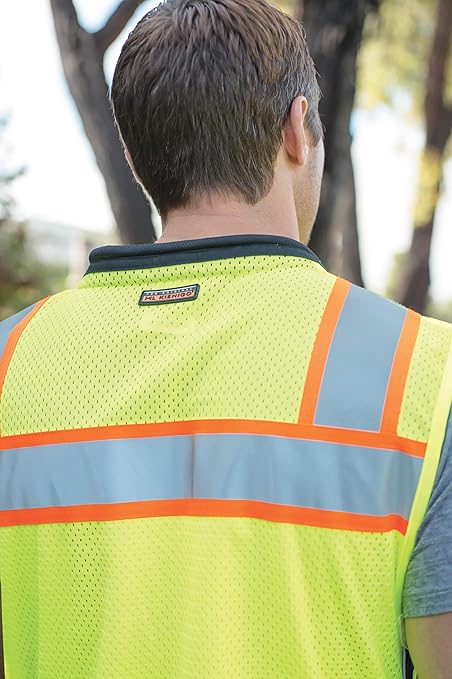 Kishigo Premium Black Series Men's Surveyors Vest S5002, Class 2 Hi-Vis Safety Vest, 10 Pockets with Reinforced Front Zipper Closure & Durable Webbing, ANSI/ISEA 107 Compliant (Lime/Black, MED)