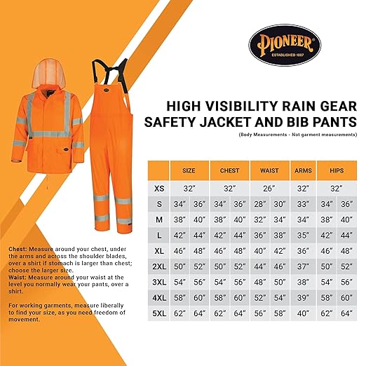 Pioneer High Visibility Rain Gear Safety Jacket and Bib Pants – Hi Vis, Waterproof, Reflective PVC Work Suit for Men – Orange and Yellow/Green