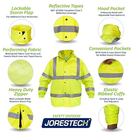 JORESTECH Hi-Visibility Waterproof Rain Jacket with Mesh Lining, ANSI/ISEA 107-2015 Class 3 Type R, Lightweight Wind-Resistant Safety Jacket
