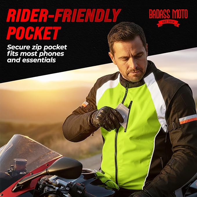 Badass Moto Safety Vest With Pockets. Motorcycle Reflective Vest For Motorcycle Jacket. High Visibility Running Vest