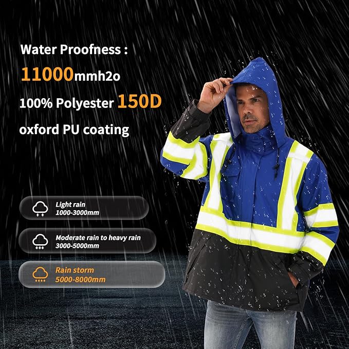 Reflective Rain jackets for men waterproof,Hi Vis Safety Coat With Reflective Strips，High Visibility Class 3 Rain jackets With 2 large pockets,Zipper,Blue,SM/MD
