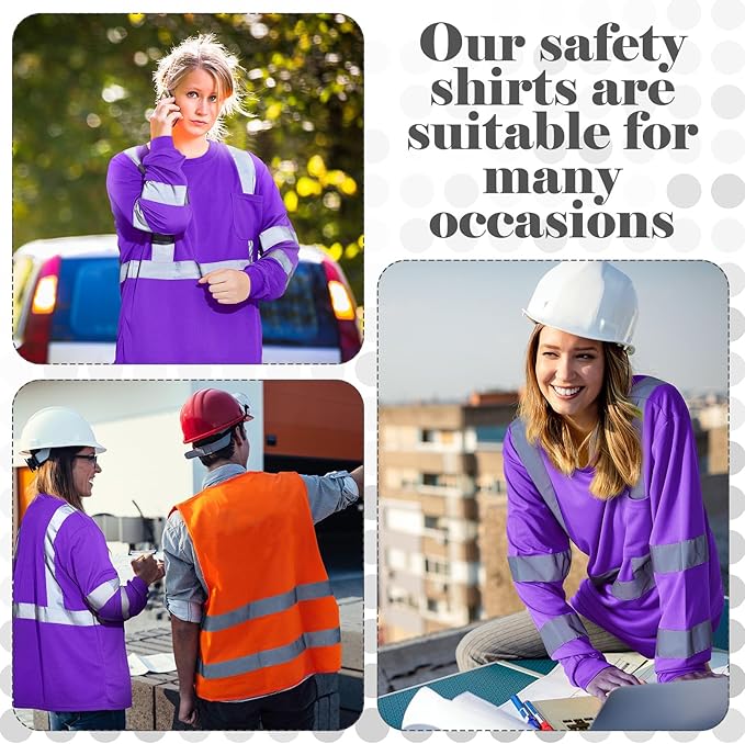 Amylove 4 Pcs Women Long Sleeve Safety Shirt High Visibility Shirts Reflective Construction Work Shirts for Women(M,Purple)