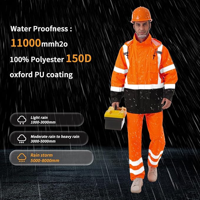 Hi Vis Safety rain Jacket，Reflective Class 3 Rain coat with Inner Mesh Lining and Pockets High Visibility Waterproof work Rain Suits for men&women（Tangerine,SM/MD）
