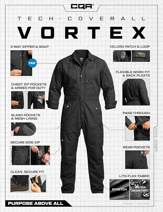 CQR Men's Tactical Ripstop Zip-Front Coverall, Lightweight Durable Utility Work Jumpsuit for Mechanics and Technicians
