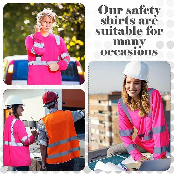 Amylove 4 Pcs Women Long Sleeve Safety Shirt High Visibility Shirts Reflective Construction Work Shirts for Women(S,Rose Red)