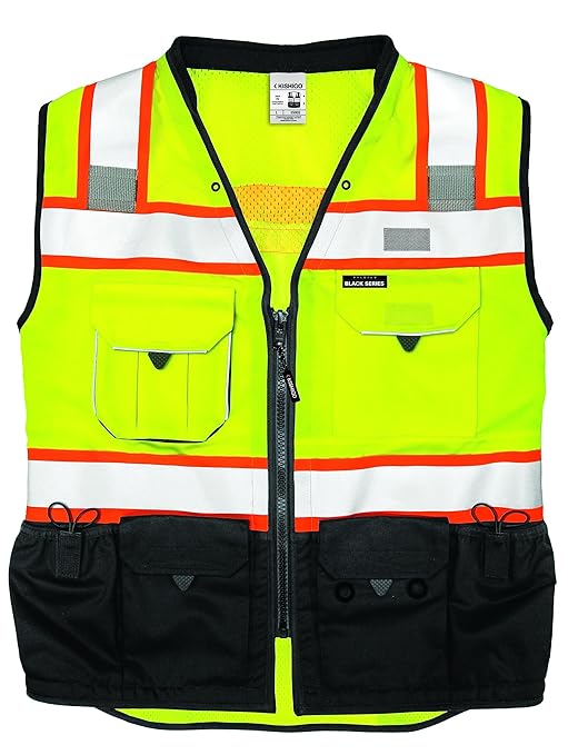 Kishigo Premium Black Series Men's Surveyors Vest S5002, Class 2 Hi-Vis Safety Vest, 10 Pockets with Reinforced Front Zipper Closure & Durable Webbing, ANSI/ISEA 107 Compliant (Lime/Black, 5XL)