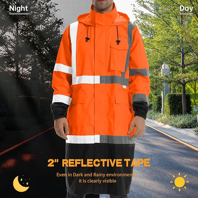 Hi Vis Rain Jacket with 3M Reflective Stripe,High Visibility Class 3 Rain coats,Safety Waterproof Rain Suits for Men with Hood and 2 Large Pockets construction work rain gear(Orange 6XL)