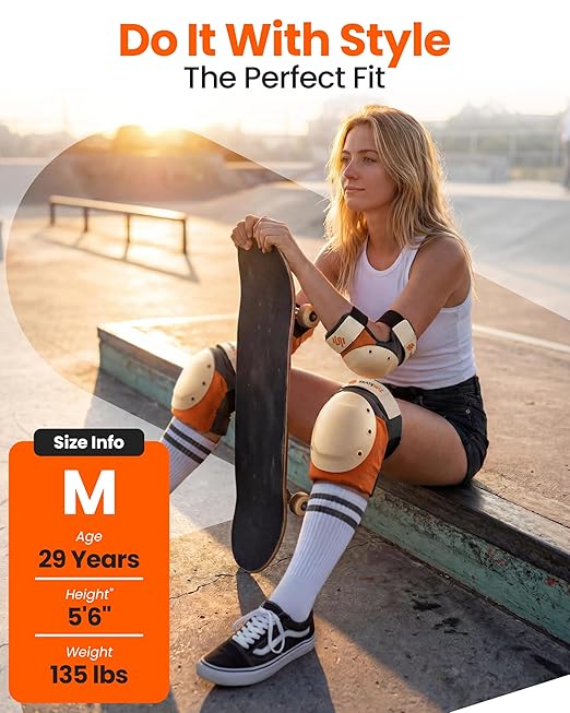 SKATEWIZ Adult Knee Pads, Skate & Skateboarding Wrist Guards for Skating Adult with Elbow Pads - Skateboard Protective Gear - Shield - Size M Orange - Roller Skates, Inline Skates
