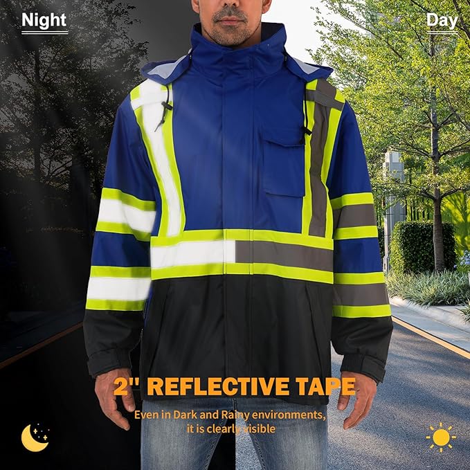Reflective Rain jackets for men waterproof,Hi Vis Safety Coat With Reflective Strips，High Visibility Class 3 Rain jackets With 2 large pockets，Zipper,Blue,2XL/3XL