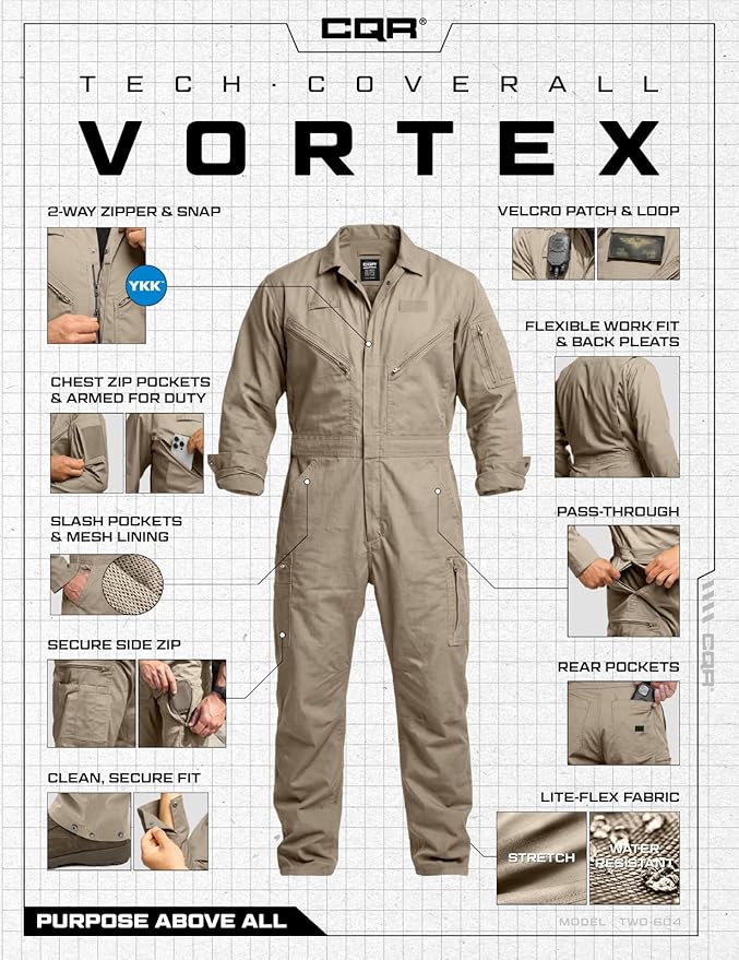 CQR Men's Tactical Ripstop Zip-Front Coverall, Lightweight Durable Utility Work Jumpsuit for Mechanics and Technicians