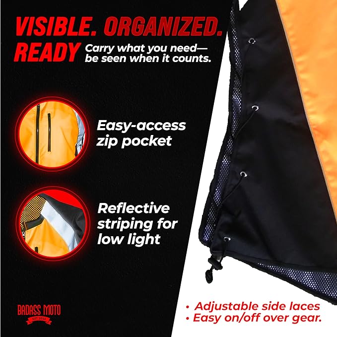 Badass Moto Safety Vest With Pockets. Motorcycle Reflective Vest For Motorcycle Jacket. High Visibility Running Vest