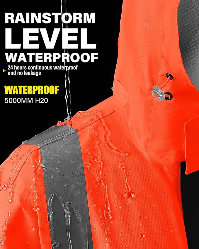 iCreek Reflective High Visibility Safety Jacket,Safety Rain Jacket with Hood,Lightweight Workwear for Outdoor Construction