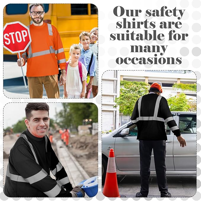 Amylove 4 Pcs Long Sleeve Safety Shirt High Visibility Reflective Construction Work Shirts for Men Women(XL,Orange, Black)