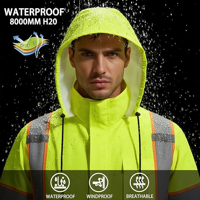 High Vis Reflective Safety Rain Jacket for Men, Class 3 Hi Vis Rain Gear for Construction Workers (Yellow-Black,S/M)