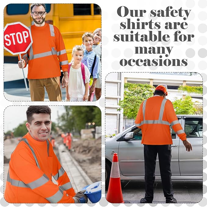 Amylove 4 Pcs Long Sleeve Safety Shirt High Visibility Reflective Construction Work Shirts for Men Women(XXL,Orange)