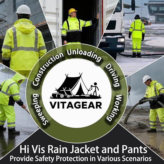 Hi Vis Class 3 Safety Rain Jacket for Men Waterproof, Reflective High Visibility Rain Gear Construction Rain Suit (Yellow-Black L/XL)