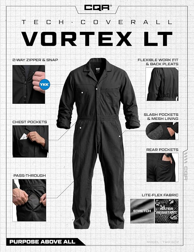 CQR Men's Tactical Ripstop Zip-Front Coverall, Lightweight Durable Utility Work Jumpsuit for Mechanics and Technicians