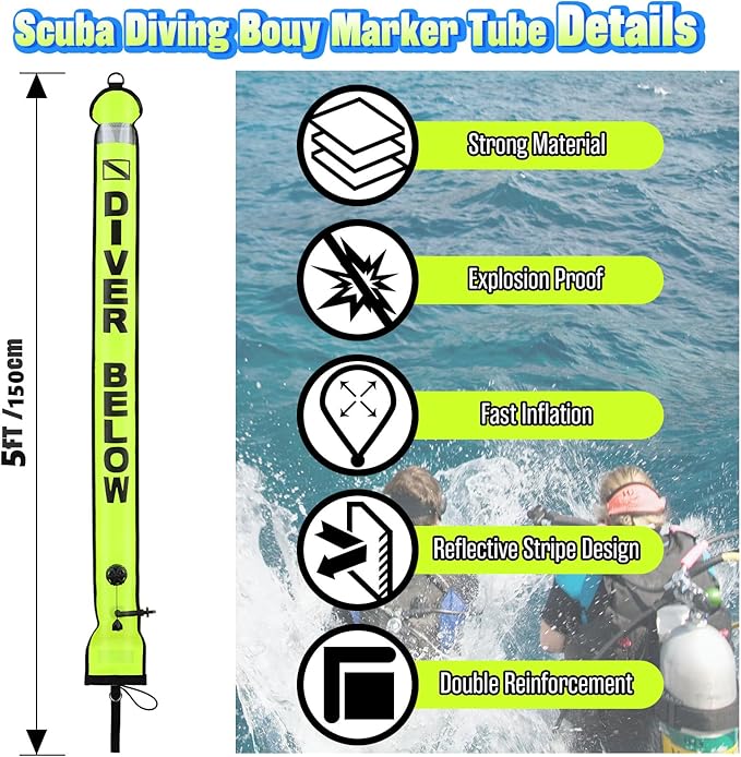 High Visibility Diving Surface Marker Buoy (SMB), Inflatable Scuba Signal Tube with Reflective Band, Safety Sausage Easy Inflate/Deflate for Scuba, Freediving & Snorkeling
