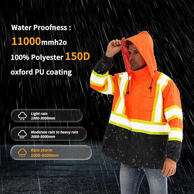 Reflective Rain jackets for men waterproof,Hi Vis Safety Coat With Reflective Strips，High Visibility Class 3 Rain jackets With 2 large pockets，Zipper,Orange,LG/XL