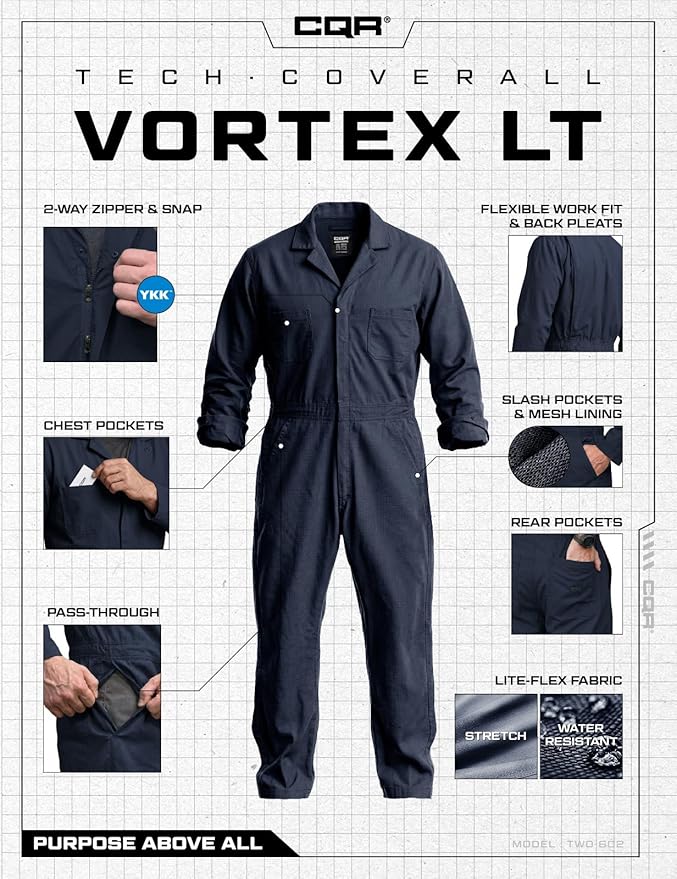 CQR Men's Tactical Ripstop Zip-Front Coverall, Lightweight Durable Utility Work Jumpsuit for Mechanics and Technicians