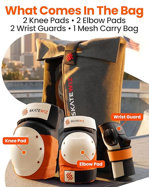 SKATEWIZ Knee and Elbow Pads Adult - Skating Protective Gear Adult - Shield - Size L Orange - Skate Gear Roller Skates, Skateboard and Inline Skates