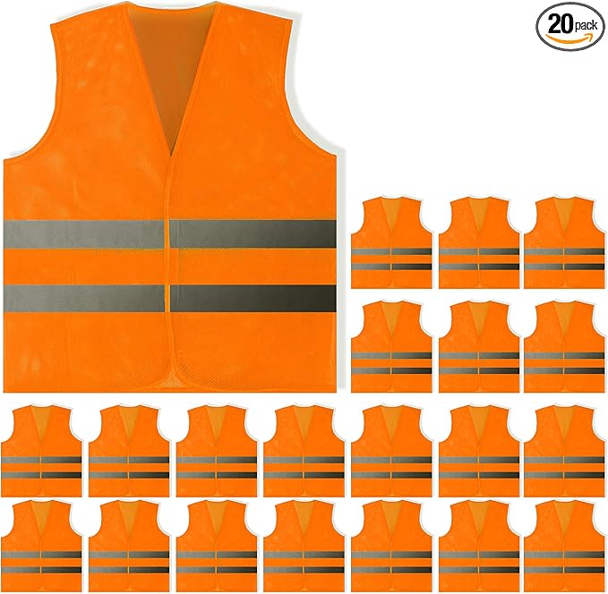 PeerBasics Safety Vests 20 Pack - Orange Reflective High Visibility, Men Women, Work, Cycling, Runner, Surveyor, Volunteer, Crossing Guard, Road, Construction