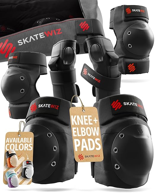 SKATEWIZ Bike Knee Pads - Skateboard Safety Gear - Shield - Size M/L Black - Skate & Skateboarding Wrist Guards for Skating Adult with Elbow Pads - Roller Skates, Inline Skates