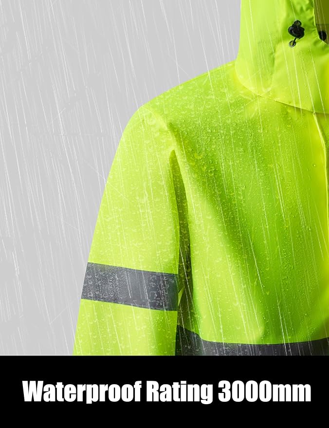 Ubon Men's Reflective Rain Jacket, Waterproof Hi Vis Rain Coat Safety High Visibility Raincoat with Detachable Hood