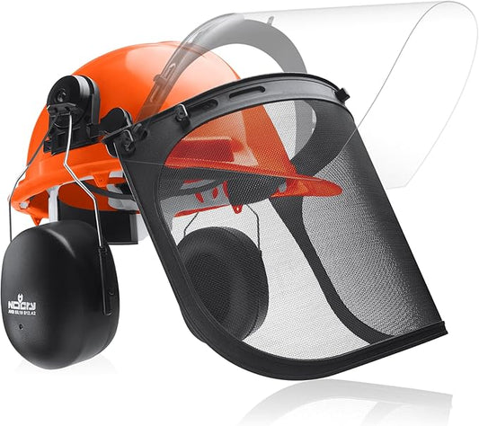 NoCry 6-in-1 Industrial Chainsaw Helmet with Face Shield and Ear Muffs — Mesh & Clear Plastic Visors Included — ANSI Z89.1 Certified — Adjustable Headgear — Ideal for Forestry and Arborist Work