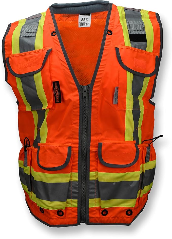 Radians SV55 Class 2 Heavy Woven Two Tone Engineer Vest with Padded Neck to Support Extra Weight in Cargo Pockets, Orange, Large