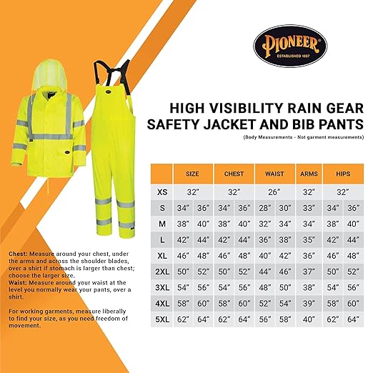Pioneer High Visibility Rain Gear Safety Jacket and Bib Pants – Hi Vis, Waterproof, Reflective PVC Work Suit for Men – Orange and Yellow/Green
