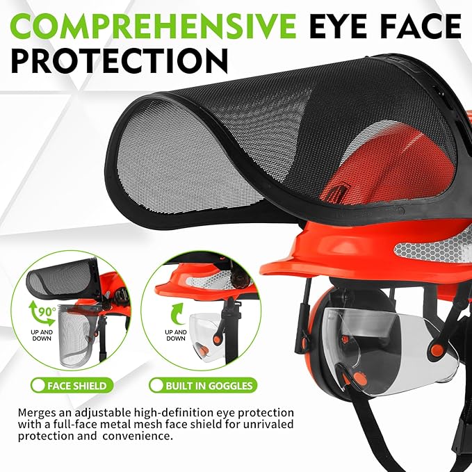 GREEN DEVIL Chainsaw Safety Protective Helmet Forestry Helmet with Build-in Visor Mesh Face Shield Ear Muffs 4 in 1 Ideal for Arborist Tree Work DIY Outdoor Logging Hard hat
