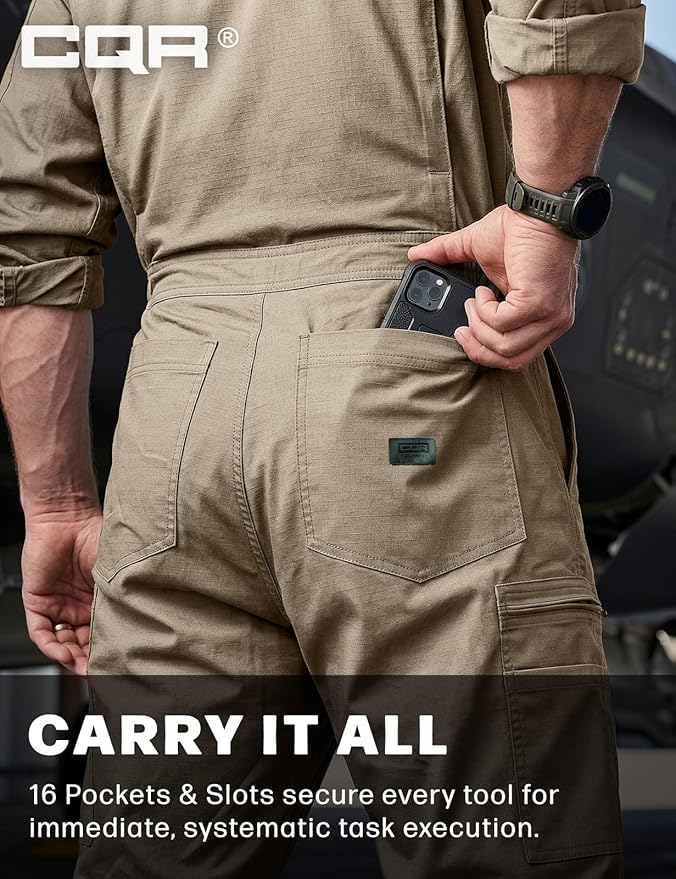CQR Men's Tactical Ripstop Zip-Front Coverall, Lightweight Durable Utility Work Jumpsuit for Mechanics and Technicians