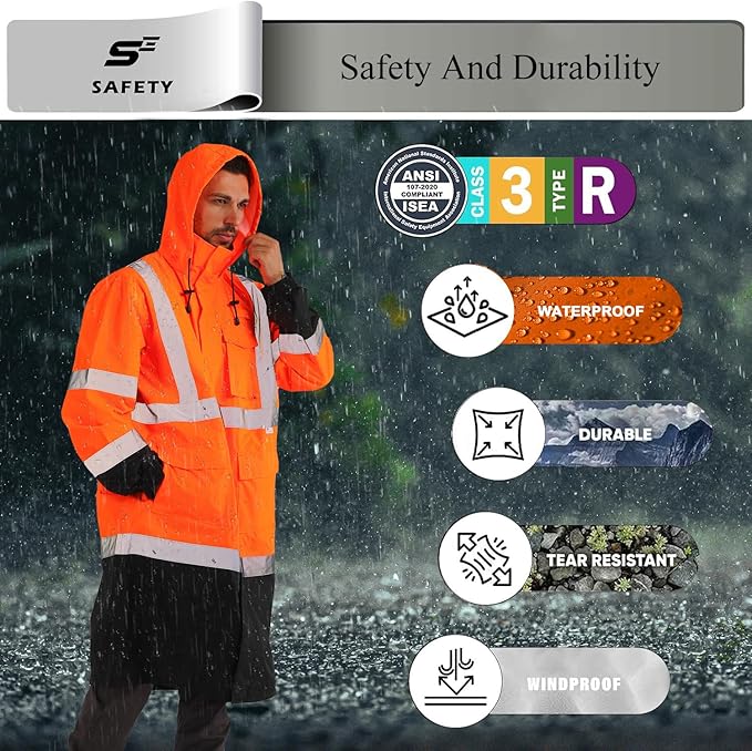 sesafety Safety Rain Coats for Men Work, Class 3 HighVisibility Rain Gear Construction, Reflective Hi Vis RainJacket Lightweight Waterproof