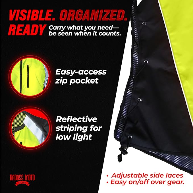 Badass Moto Safety Vest With Pockets. Motorcycle Reflective Vest For Motorcycle Jacket. High Visibility Running Vest