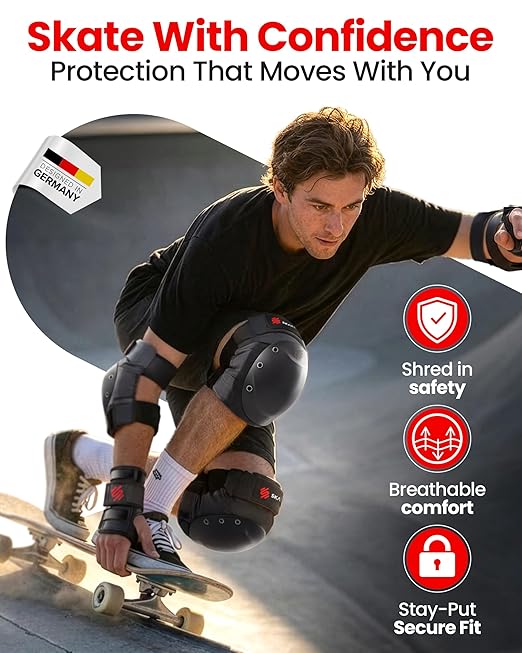SKATEWIZ Bike Knee Pads - Skateboard Safety Gear - Shield - Size M/L Black - Skate & Skateboarding Wrist Guards for Skating Adult with Elbow Pads - Roller Skates, Inline Skates