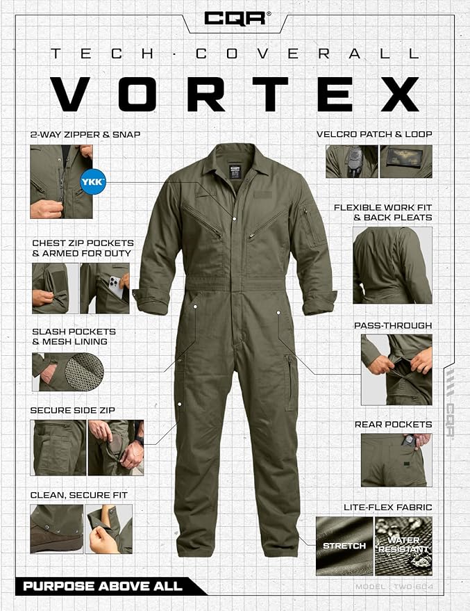 CQR Men's Tactical Ripstop Zip-Front Coverall, Lightweight Durable Utility Work Jumpsuit for Mechanics and Technicians