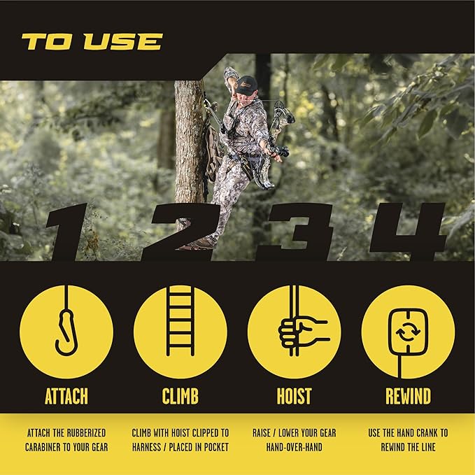 Hunter Safety System Bow & Gear Hoist: 30' Automatic Unwinding Pull Line with Coated Carabiner, Lightweight Rewind System for Lifting Bows, Packs & Treestand Gear with Tangle-Free, Quiet Operation