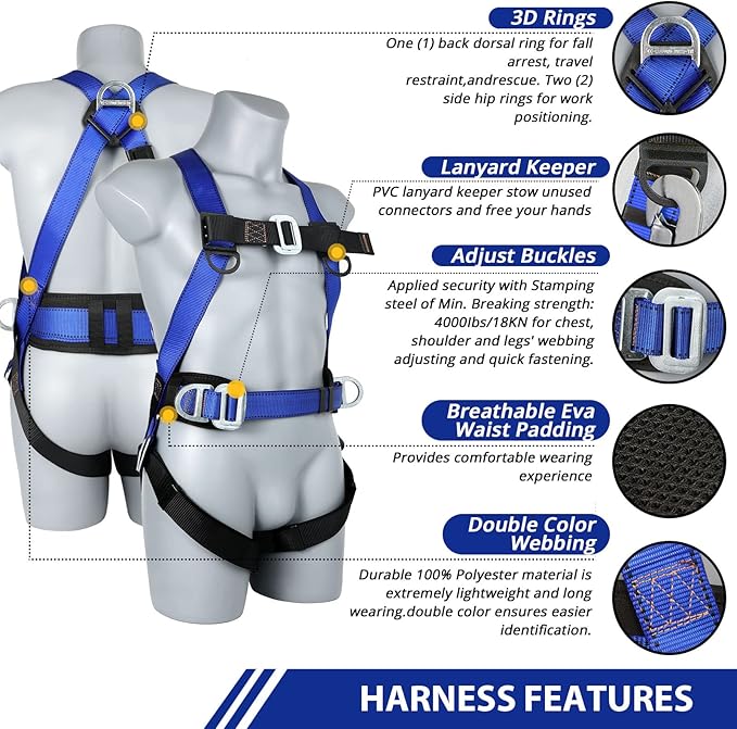 TT TRSMIMA Safety Harness Fall Protection Kit - Full Body Roofing harnesses with Shock Absorbing Lanyard Upgrade Paded
