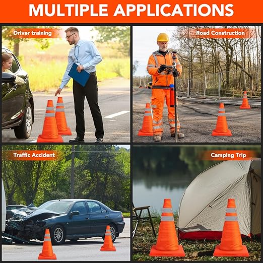 TENKAIWICK 18 Inch 20 Pack Traffic Cones, Collapsible Safety Cones, Multi Purpose Pop-up Cones with Reflective Collar, Orange Cones for Parking lot, Driveway, Driving Training etc