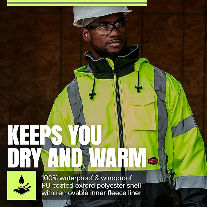 Pioneer Hi Vis Work Jacket for Men - Waterproof Safety Bomber with Reflective Tape