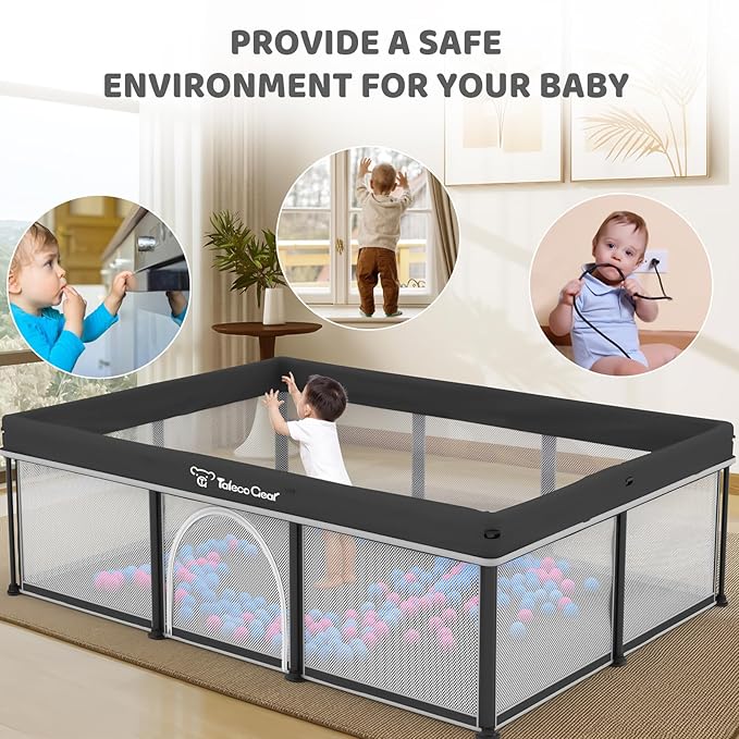 Taleco Gear Foldable Baby Play Pen with Mat, 50''x71'' Playpen for Babies and Toddlers, Playpen for Baby with Gate, Breathable,Foldable Travel Play Pen with 50 Ocean Balls